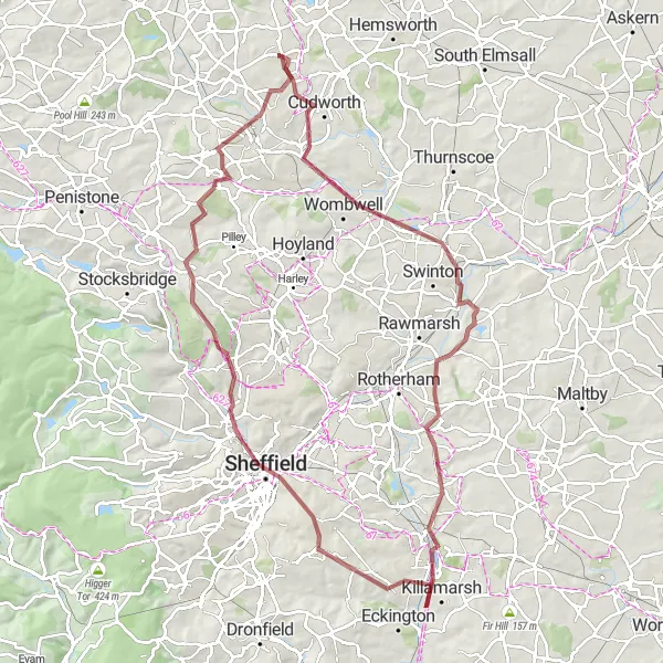 Map miniature of "The Sheffield Challenge" cycling inspiration in South Yorkshire, United Kingdom. Generated by Tarmacs.app cycling route planner