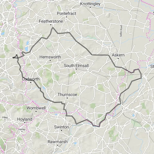 Map miniature of "Royston and Beyond" cycling inspiration in South Yorkshire, United Kingdom. Generated by Tarmacs.app cycling route planner