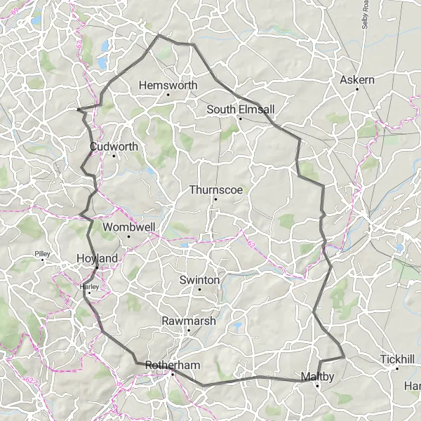 Map miniature of "South Yorkshire Journey" cycling inspiration in South Yorkshire, United Kingdom. Generated by Tarmacs.app cycling route planner