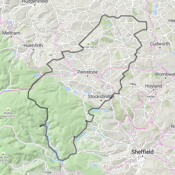 Map miniature of "Peak District Challenge" cycling inspiration in South Yorkshire, United Kingdom. Generated by Tarmacs.app cycling route planner