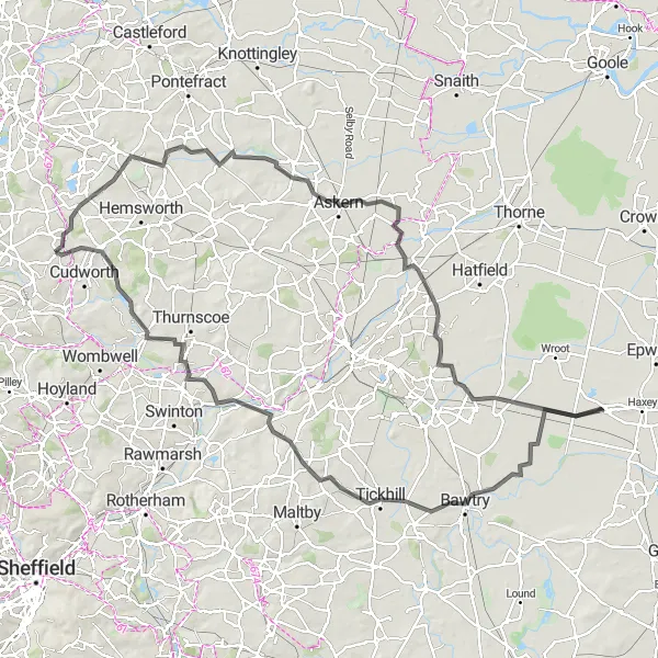Map miniature of "Discover Doncaster" cycling inspiration in South Yorkshire, United Kingdom. Generated by Tarmacs.app cycling route planner