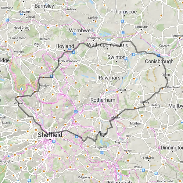 Map miniature of "Climbing Challenge" cycling inspiration in South Yorkshire, United Kingdom. Generated by Tarmacs.app cycling route planner