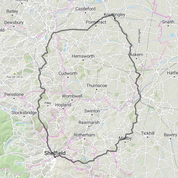 Map miniature of "Countryside Exploration" cycling inspiration in South Yorkshire, United Kingdom. Generated by Tarmacs.app cycling route planner