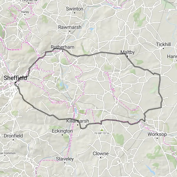 Map miniature of "Scenic South Yorkshire" cycling inspiration in South Yorkshire, United Kingdom. Generated by Tarmacs.app cycling route planner