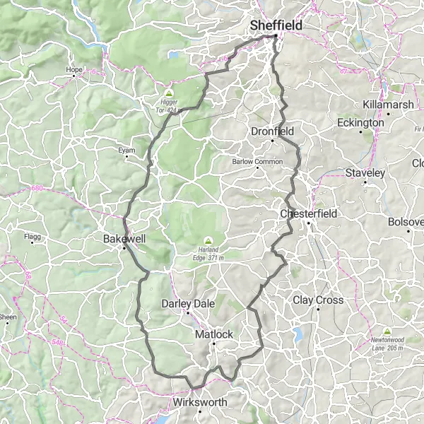 Map miniature of "Peak District Adventure" cycling inspiration in South Yorkshire, United Kingdom. Generated by Tarmacs.app cycling route planner