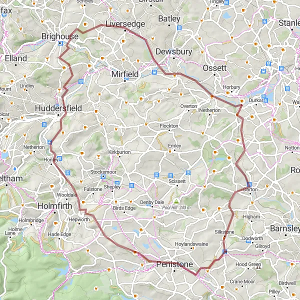 Map miniature of "Penistone to Silkstone Common" cycling inspiration in South Yorkshire, United Kingdom. Generated by Tarmacs.app cycling route planner