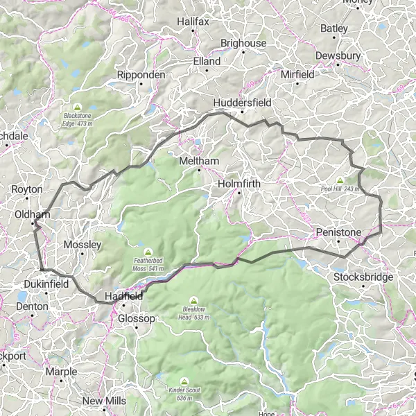 Map miniature of "Challenging Road Loop via Oxspring and Standedge" cycling inspiration in South Yorkshire, United Kingdom. Generated by Tarmacs.app cycling route planner