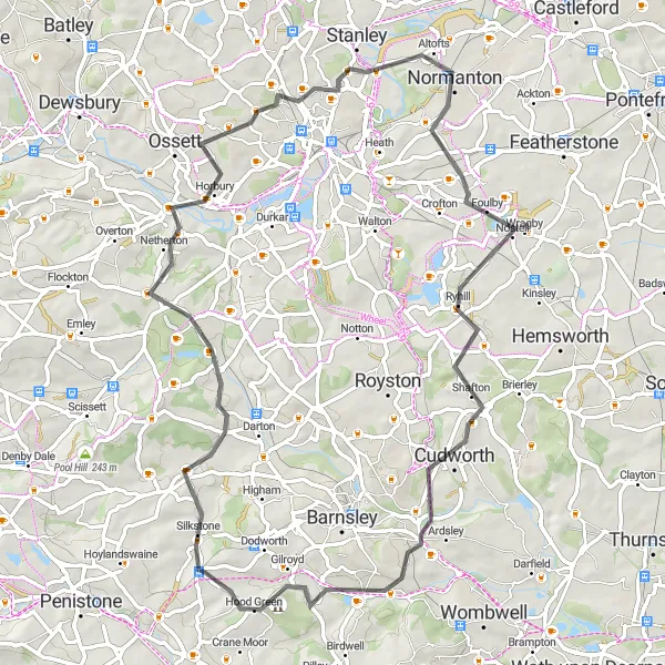 Map miniature of "Road Excursion to Yorkshire Sculpture Park and Worsbrough" cycling inspiration in South Yorkshire, United Kingdom. Generated by Tarmacs.app cycling route planner