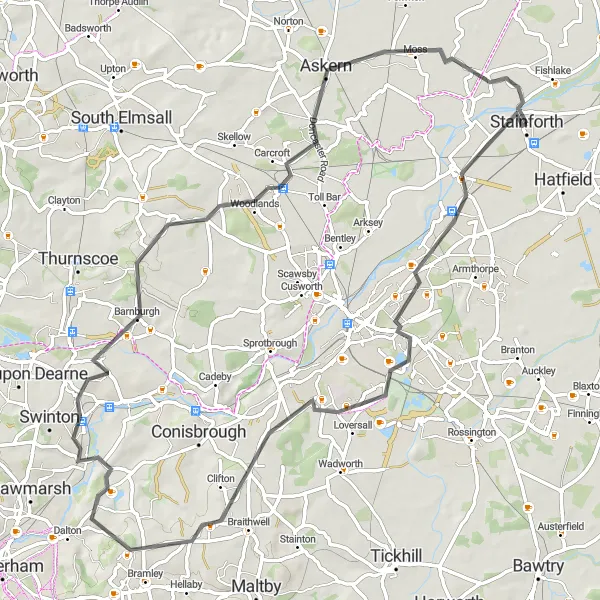 Map miniature of "Challenge Ride to Stainforth" cycling inspiration in South Yorkshire, United Kingdom. Generated by Tarmacs.app cycling route planner