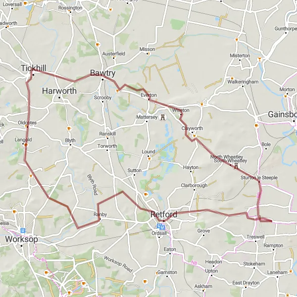 Map miniature of "Bawtry and Beyond" cycling inspiration in South Yorkshire, United Kingdom. Generated by Tarmacs.app cycling route planner