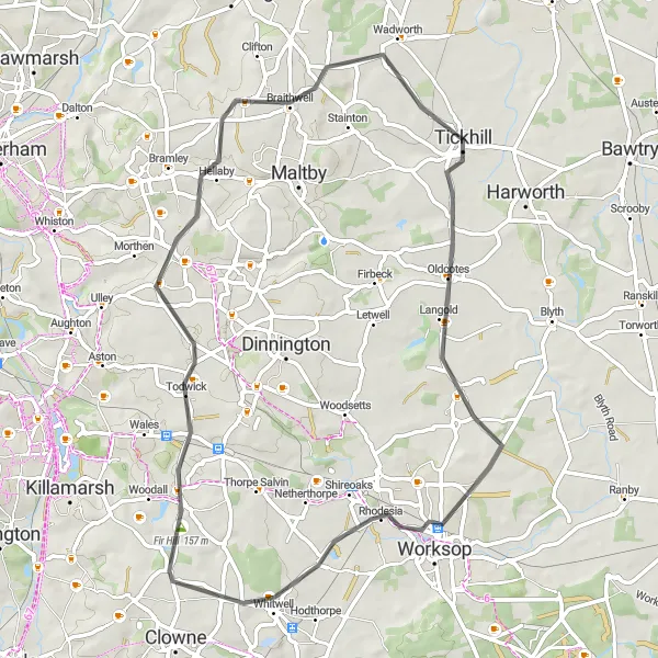 Map miniature of "Tickhill - Carlton Lap" cycling inspiration in South Yorkshire, United Kingdom. Generated by Tarmacs.app cycling route planner