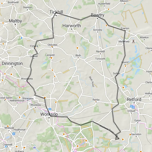 Map miniature of "Mattersey to Tickhill Scenic Road Trip" cycling inspiration in South Yorkshire, United Kingdom. Generated by Tarmacs.app cycling route planner