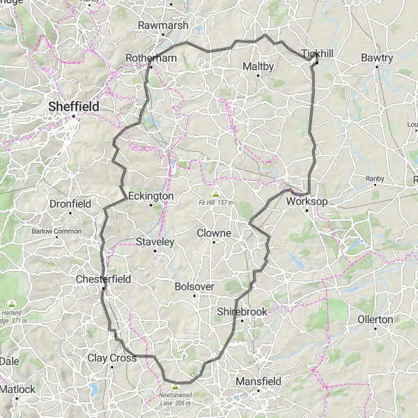 Map miniature of "Carlton in Lindrick to Braithwell Road Challenge" cycling inspiration in South Yorkshire, United Kingdom. Generated by Tarmacs.app cycling route planner