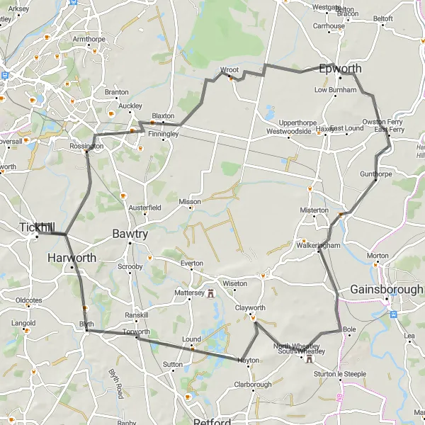 Map miniature of "Riverside Ride" cycling inspiration in South Yorkshire, United Kingdom. Generated by Tarmacs.app cycling route planner