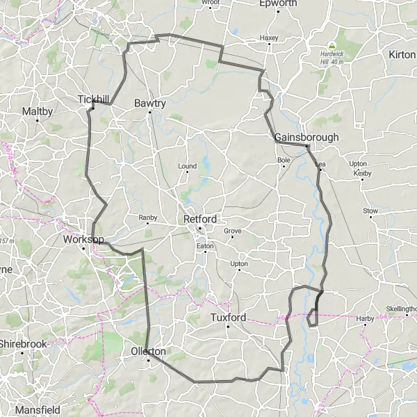 Map miniature of "Blaxton to Ollerton Epic Road Adventure" cycling inspiration in South Yorkshire, United Kingdom. Generated by Tarmacs.app cycling route planner
