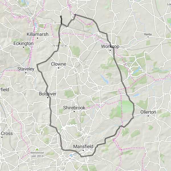 Map miniature of "Exploring Clipstone, Bolsover, and Barlborough from Todwick" cycling inspiration in South Yorkshire, United Kingdom. Generated by Tarmacs.app cycling route planner