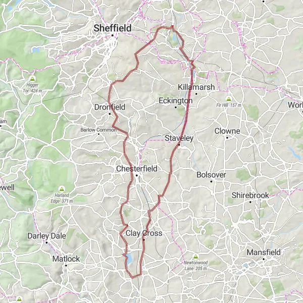 Map miniature of "The Gravel Escape" cycling inspiration in South Yorkshire, United Kingdom. Generated by Tarmacs.app cycling route planner