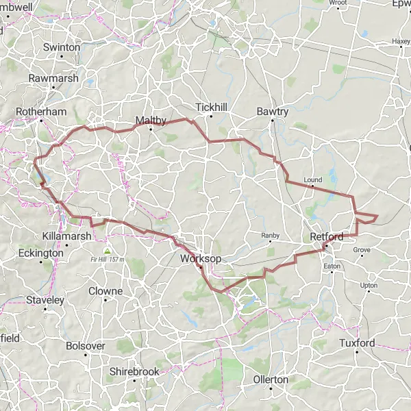 Map miniature of "Gravel Adventure in Rotherham Countryside" cycling inspiration in South Yorkshire, United Kingdom. Generated by Tarmacs.app cycling route planner