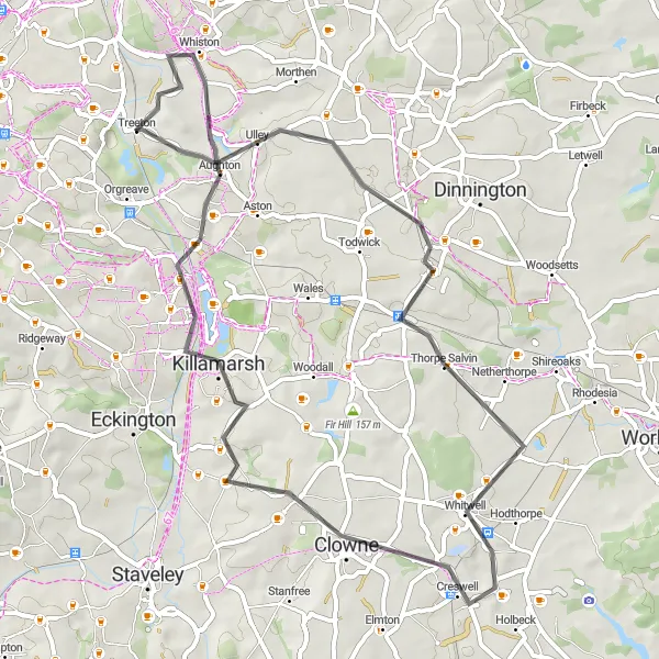 Map miniature of "The Ulley Loop" cycling inspiration in South Yorkshire, United Kingdom. Generated by Tarmacs.app cycling route planner