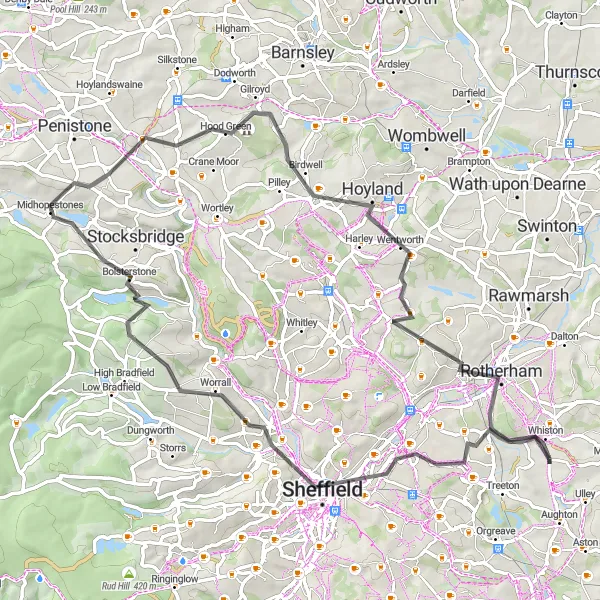 Map miniature of "Road Cycling Adventure: Picturesque Tour of South Yorkshire" cycling inspiration in South Yorkshire, United Kingdom. Generated by Tarmacs.app cycling route planner