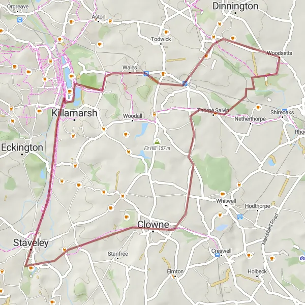 Map miniature of "The Woodsetts Gravel Adventure" cycling inspiration in South Yorkshire, United Kingdom. Generated by Tarmacs.app cycling route planner