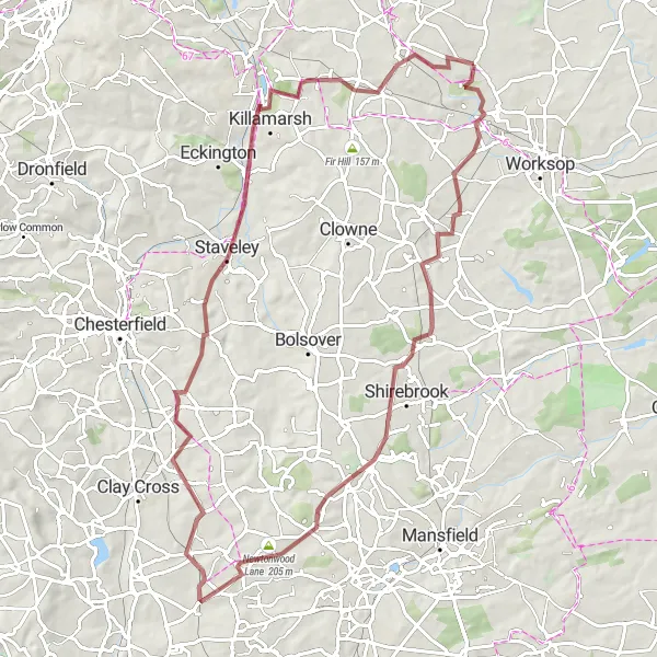 Map miniature of "Countryside Gravel Escape" cycling inspiration in South Yorkshire, United Kingdom. Generated by Tarmacs.app cycling route planner