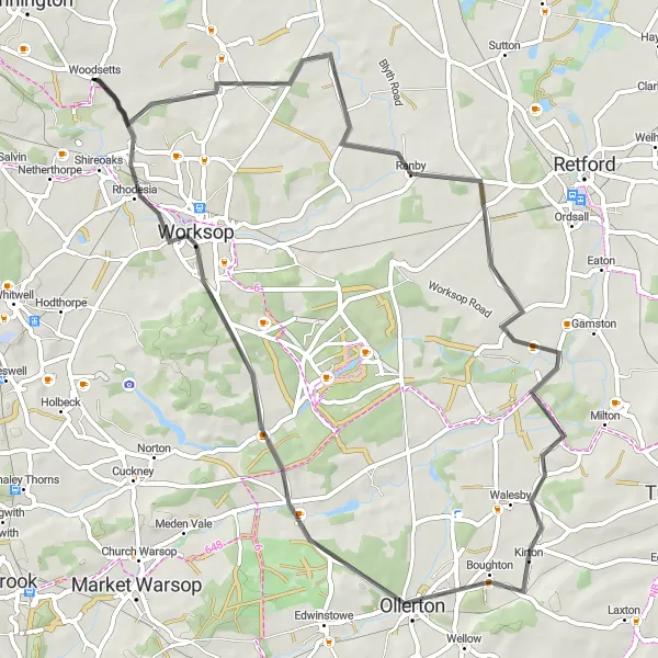Map miniature of "Woodsetts Circular Road Route" cycling inspiration in South Yorkshire, United Kingdom. Generated by Tarmacs.app cycling route planner