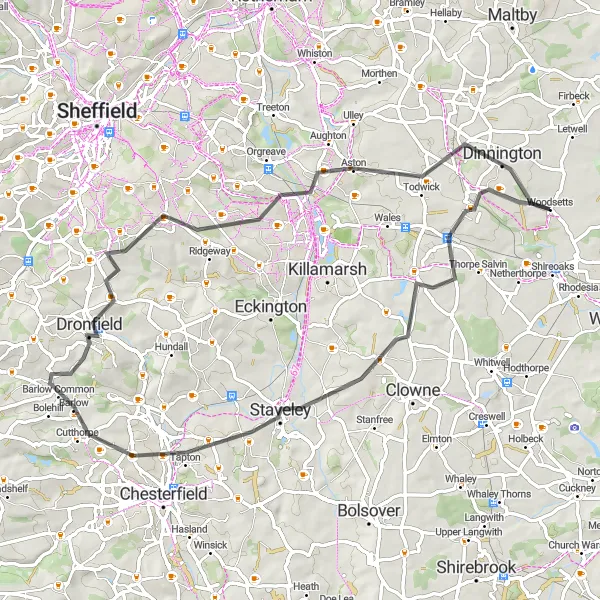 Map miniature of "The Countryside Explorer" cycling inspiration in South Yorkshire, United Kingdom. Generated by Tarmacs.app cycling route planner