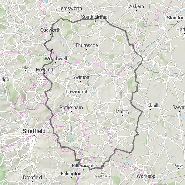 Map miniature of "The Heritage and Hills Route" cycling inspiration in South Yorkshire, United Kingdom. Generated by Tarmacs.app cycling route planner