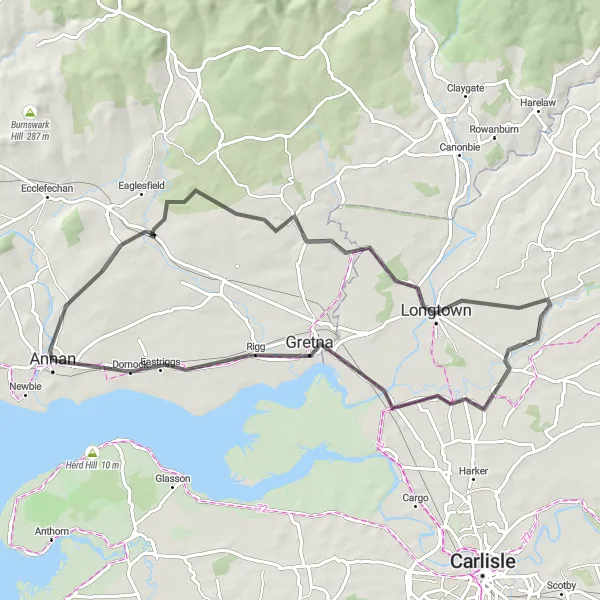 Map miniature of "Kirtlebridge Loop" cycling inspiration in Southern Scotland, United Kingdom. Generated by Tarmacs.app cycling route planner