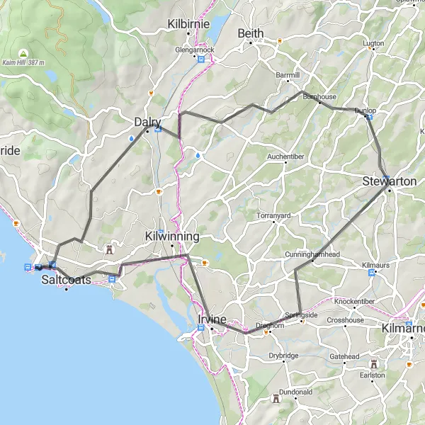 Map miniature of "The Ardrossan to Saltcoats Loop" cycling inspiration in Southern Scotland, United Kingdom. Generated by Tarmacs.app cycling route planner