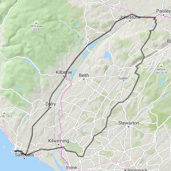 Map miniature of "The Ardrossan to Gleniffer Braes Loop" cycling inspiration in Southern Scotland, United Kingdom. Generated by Tarmacs.app cycling route planner