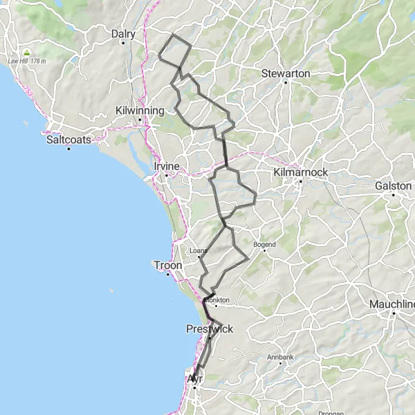 Map miniature of "Ayrshire Coastal Circuit" cycling inspiration in Southern Scotland, United Kingdom. Generated by Tarmacs.app cycling route planner