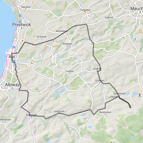 Map miniature of "South Ayrshire Loop" cycling inspiration in Southern Scotland, United Kingdom. Generated by Tarmacs.app cycling route planner