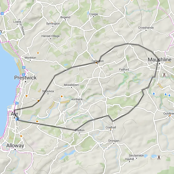 Map miniature of "Historic Ayrshire Tour" cycling inspiration in Southern Scotland, United Kingdom. Generated by Tarmacs.app cycling route planner