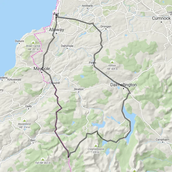 Map miniature of "Ayrshire Hills and Loch Doon" cycling inspiration in Southern Scotland, United Kingdom. Generated by Tarmacs.app cycling route planner