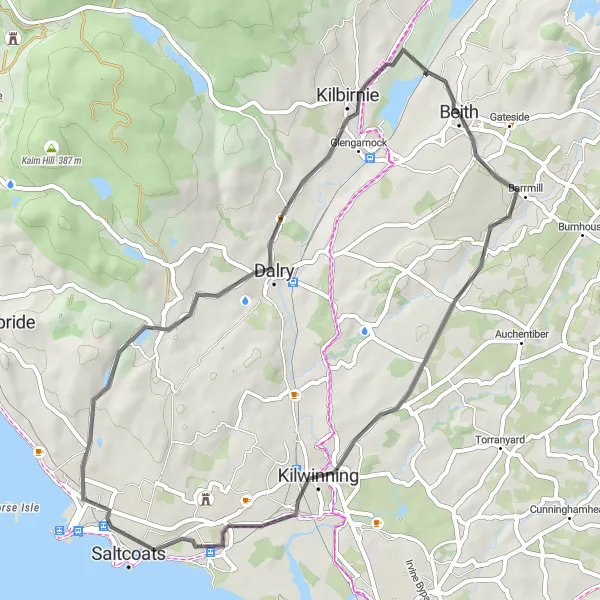 Map miniature of "Kilwinning Loop" cycling inspiration in Southern Scotland, United Kingdom. Generated by Tarmacs.app cycling route planner