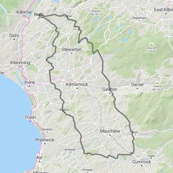 Map miniature of "Ayrshire Delight" cycling inspiration in Southern Scotland, United Kingdom. Generated by Tarmacs.app cycling route planner