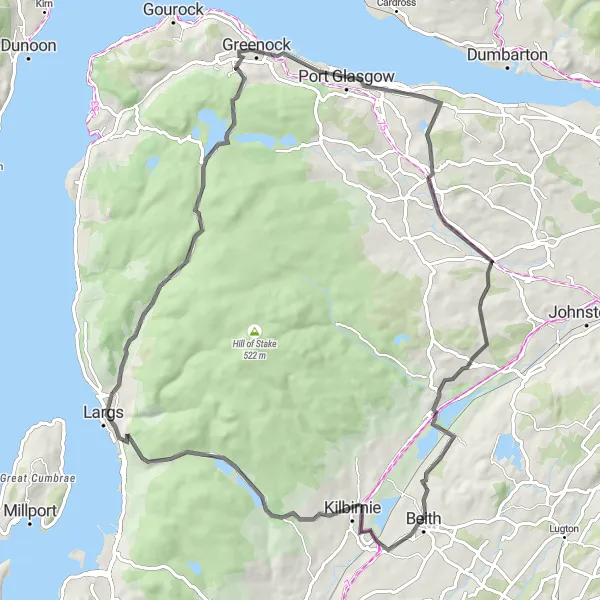 Map miniature of "Beith-Kilbirnie-Largs Cycle Route" cycling inspiration in Southern Scotland, United Kingdom. Generated by Tarmacs.app cycling route planner