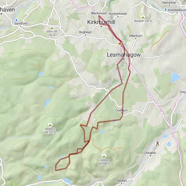 Map miniature of "Blackwood to Lesmahagow Gravel Route" cycling inspiration in Southern Scotland, United Kingdom. Generated by Tarmacs.app cycling route planner