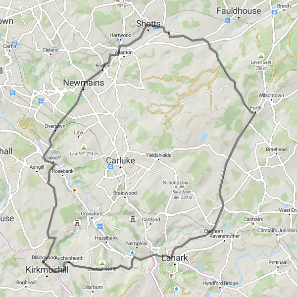 Map miniature of "The Shotts Loop" cycling inspiration in Southern Scotland, United Kingdom. Generated by Tarmacs.app cycling route planner