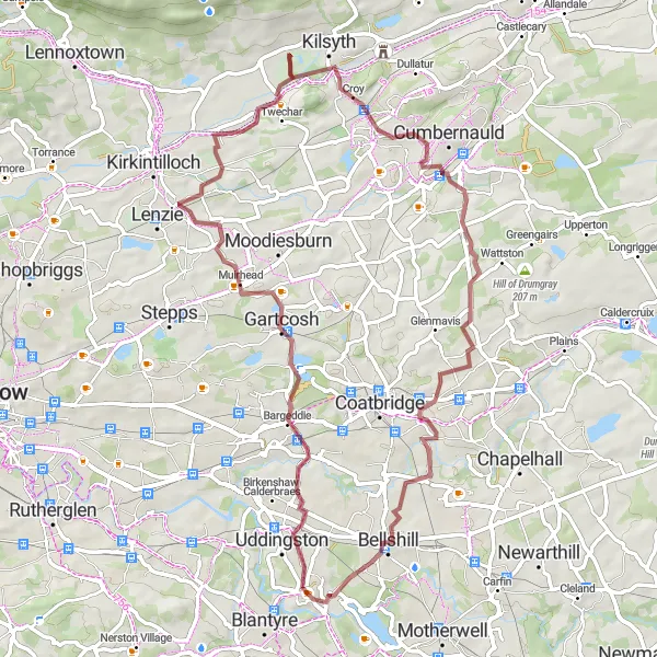 Map miniature of "Gravel Adventure: Uddingston to Bellshill" cycling inspiration in Southern Scotland, United Kingdom. Generated by Tarmacs.app cycling route planner