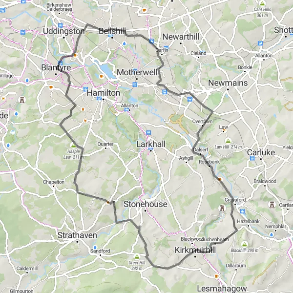 Map miniature of "Bothwell and Auchinraith Loop" cycling inspiration in Southern Scotland, United Kingdom. Generated by Tarmacs.app cycling route planner