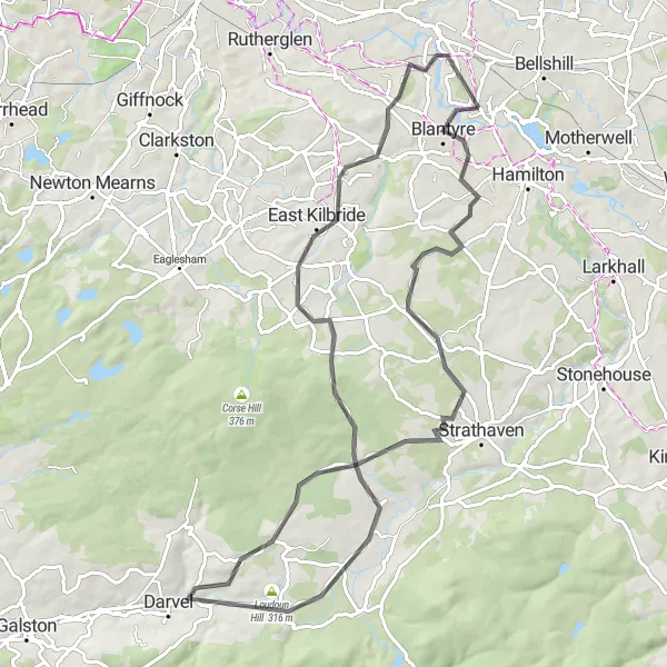Map miniature of "Blantyre and Loudoun Hill Loop" cycling inspiration in Southern Scotland, United Kingdom. Generated by Tarmacs.app cycling route planner