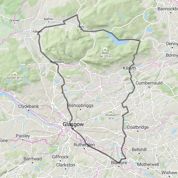 Map miniature of "Glasgow and Beyond" cycling inspiration in Southern Scotland, United Kingdom. Generated by Tarmacs.app cycling route planner