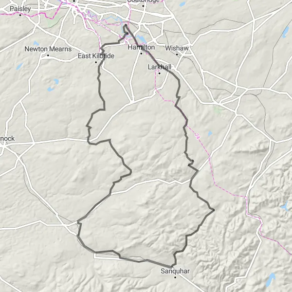 Map miniature of "Challenging Bothwell" cycling inspiration in Southern Scotland, United Kingdom. Generated by Tarmacs.app cycling route planner