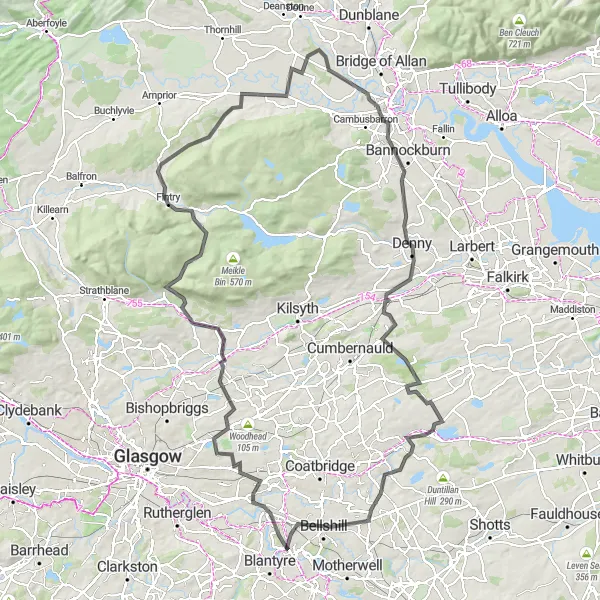 Map miniature of "Bothwell to Stirling Castle Loop" cycling inspiration in Southern Scotland, United Kingdom. Generated by Tarmacs.app cycling route planner