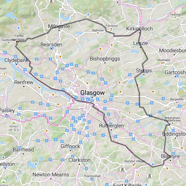 Map miniature of "Rutherglen and Kirkintilloch Loop" cycling inspiration in Southern Scotland, United Kingdom. Generated by Tarmacs.app cycling route planner