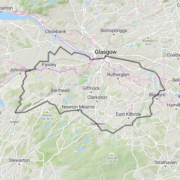 Map miniature of "Exploring South Glasgow" cycling inspiration in Southern Scotland, United Kingdom. Generated by Tarmacs.app cycling route planner