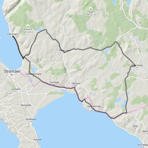 Map miniature of "Cairnryan to Castle Kennedy Loop" cycling inspiration in Southern Scotland, United Kingdom. Generated by Tarmacs.app cycling route planner